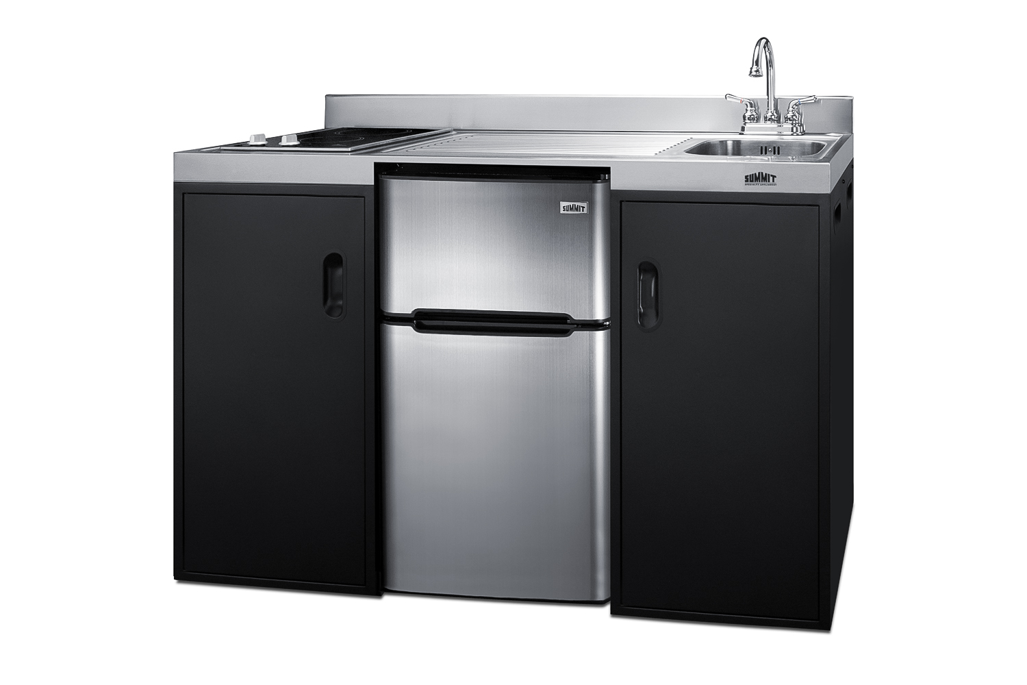 54 inch wide ADA counter height all-in-one kitchenette in black with a removable 2-burner 115V smooth top cooktop, 2-door refrigerator-freezer, sink, and two storage cabinets